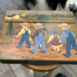 Handmade lap desk . Hand painted Mennonite children walking on path.
